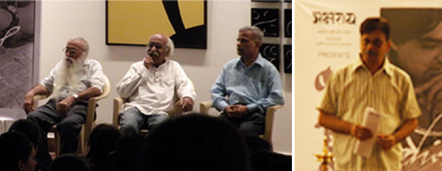 \ From left to right: Prof. Upadhaya, Prof. Nadkarni and Prof. Ghare have an open discussion with the students. Prof. Saynekar giving a speech at the launch of the exhibition